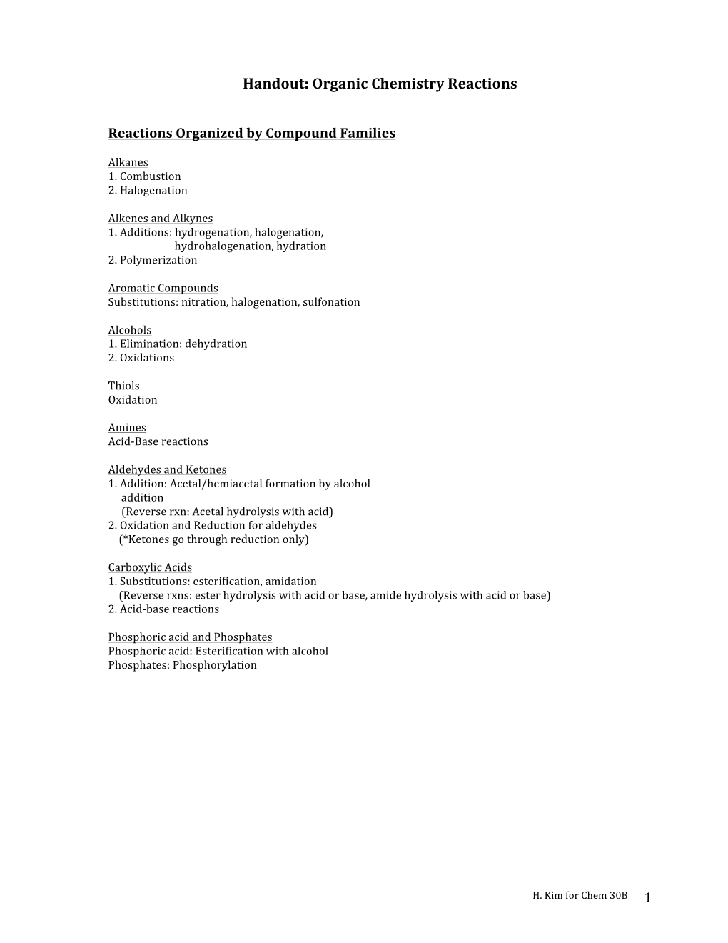 Handout: Organic Chemistry Reactions