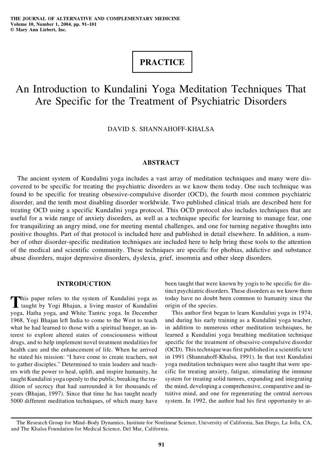 An Introduction to Kundalini Yoga Meditation Techniques That Are Specific for the Treatment of Psychiatric Disorders