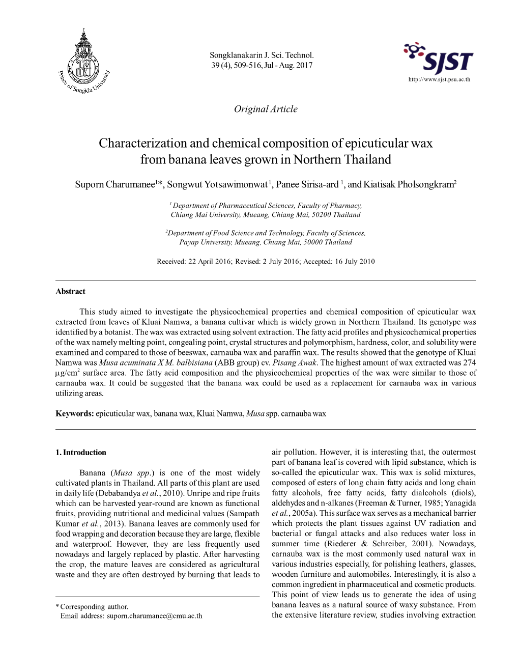 Characterization and Chemical Composition of Epicuticular Wax from Banana Leaves Grown in Northern Thailand