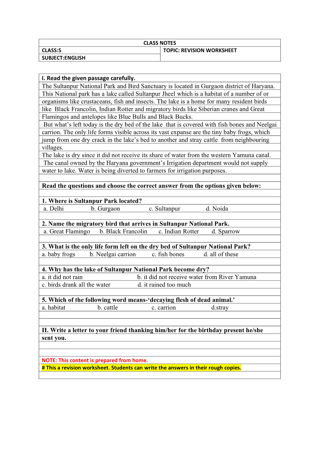 I. Read the Given Passage Carefully. the Sultanpur National Park and Bird Sanctuary Is Located in Gurgaon District of Haryana