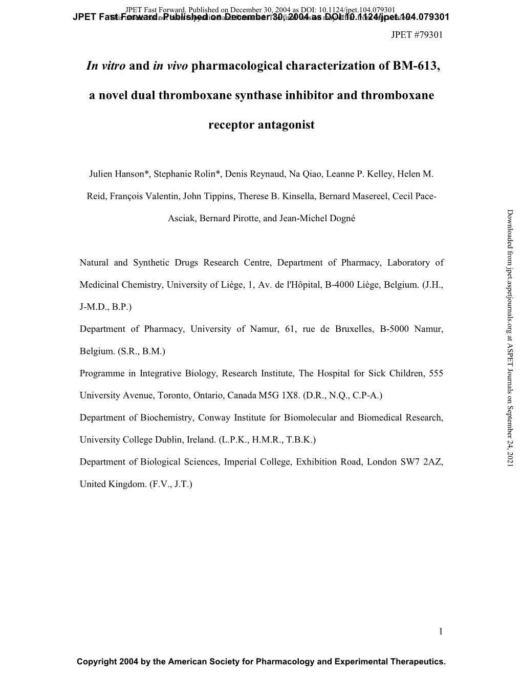 In Vitro and in Vivo Pharmacological Characterization of BM-613, a Novel Dual Thromboxane Synthase Inhibitor and Thromboxane