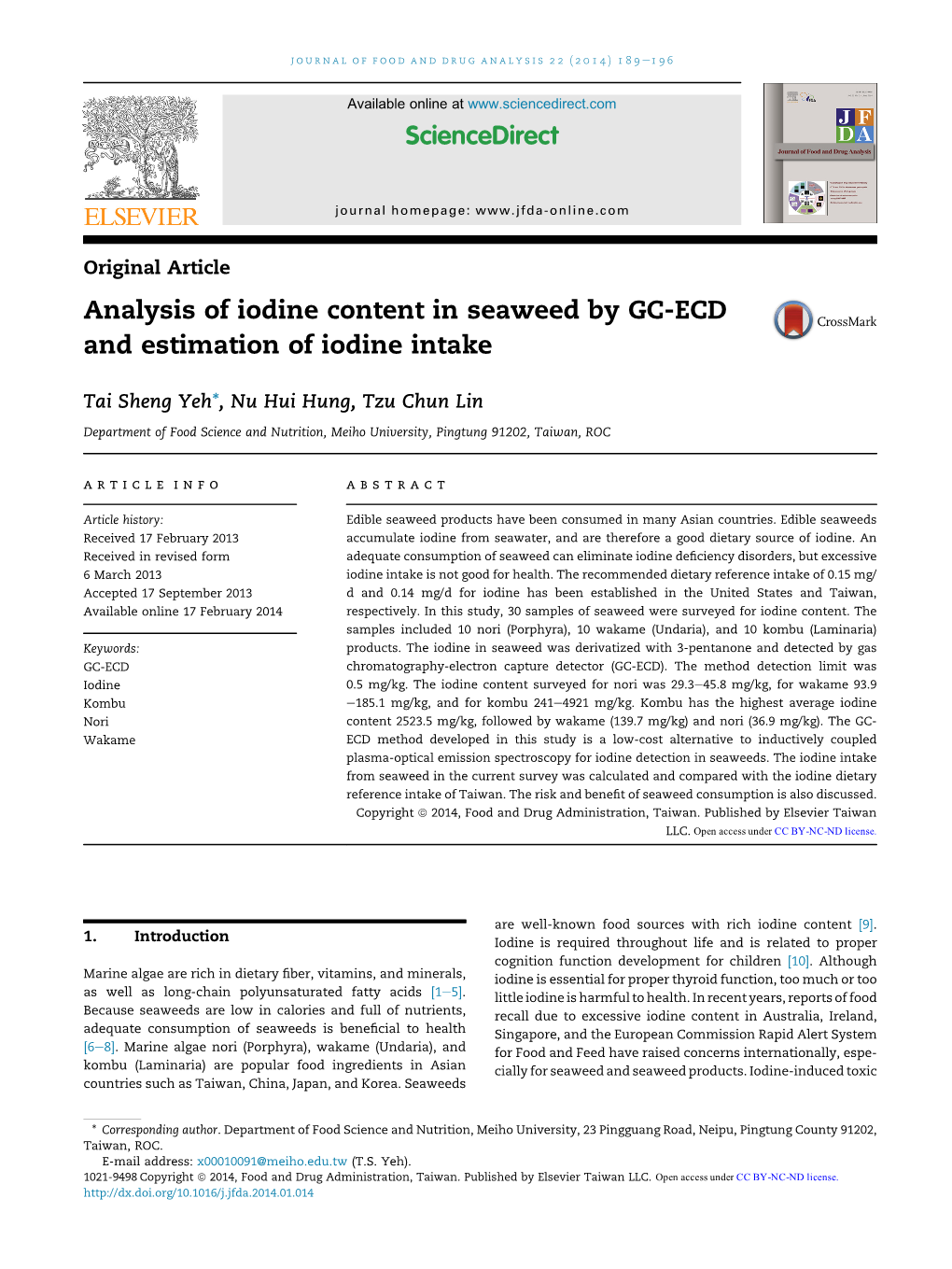 Analysis of Iodine Content in Seaweed by GC-ECD and Estimation of Iodine Intake