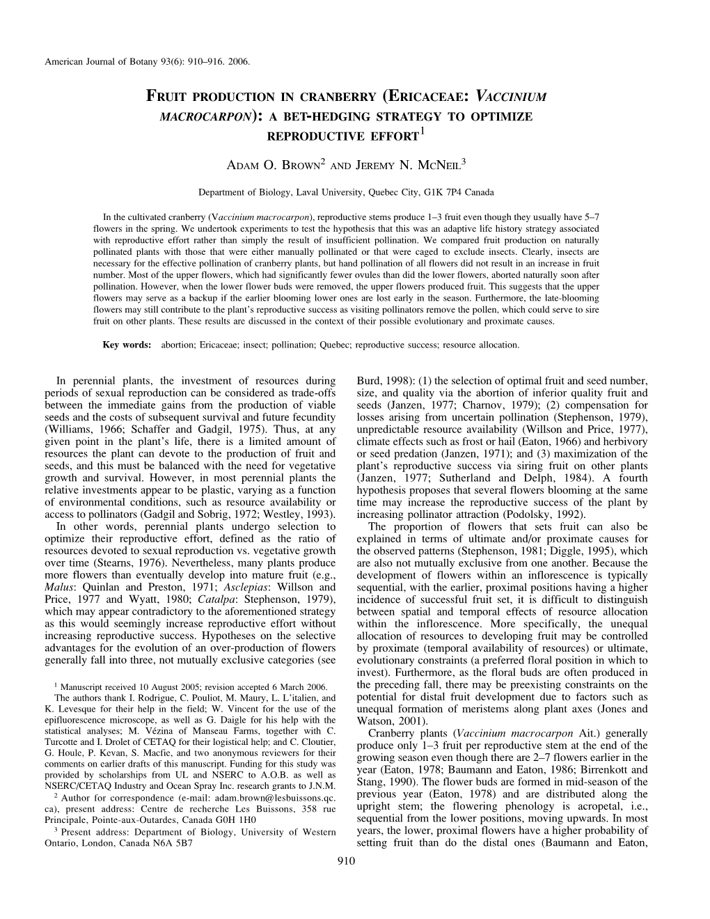 Fruit Production in Cranberry (Ericaceae: Vaccinium Macrocarpon): a Bet-Hedging Strategy to Optimize Reproductive Effort1