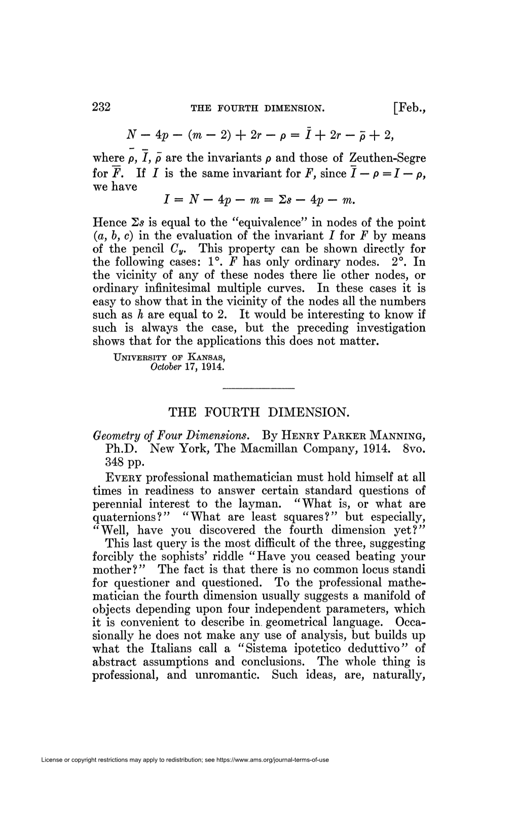 + 2R - P = I + 2R - P + 2, Where P, I, P Are the Invariants P and Those of Zeuthen-Segre for F