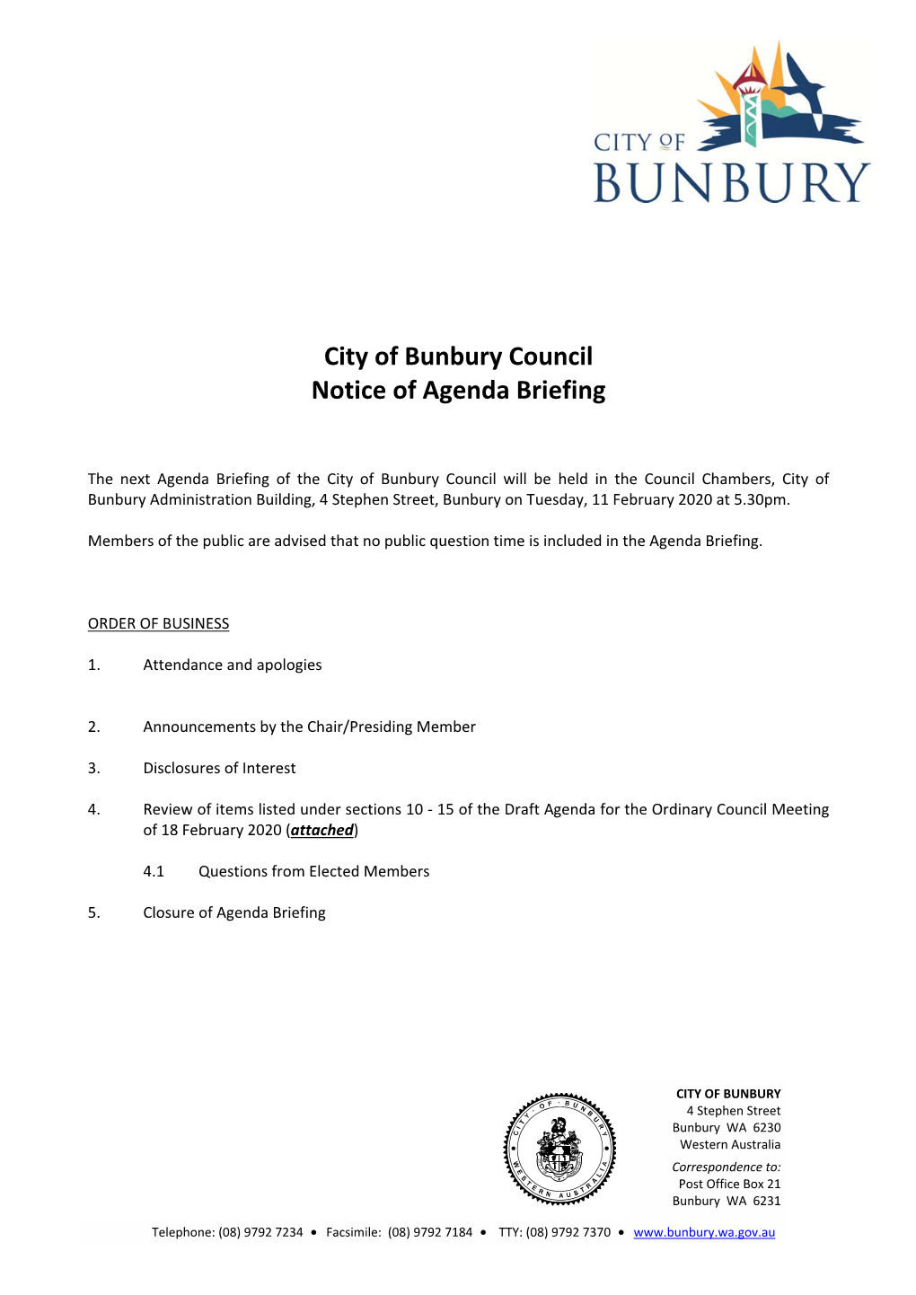 City of Bunbury Council Notice of Agenda Briefing