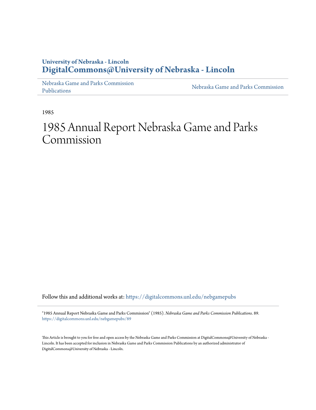 1985 Annual Report Nebraska Game and Parks Commission