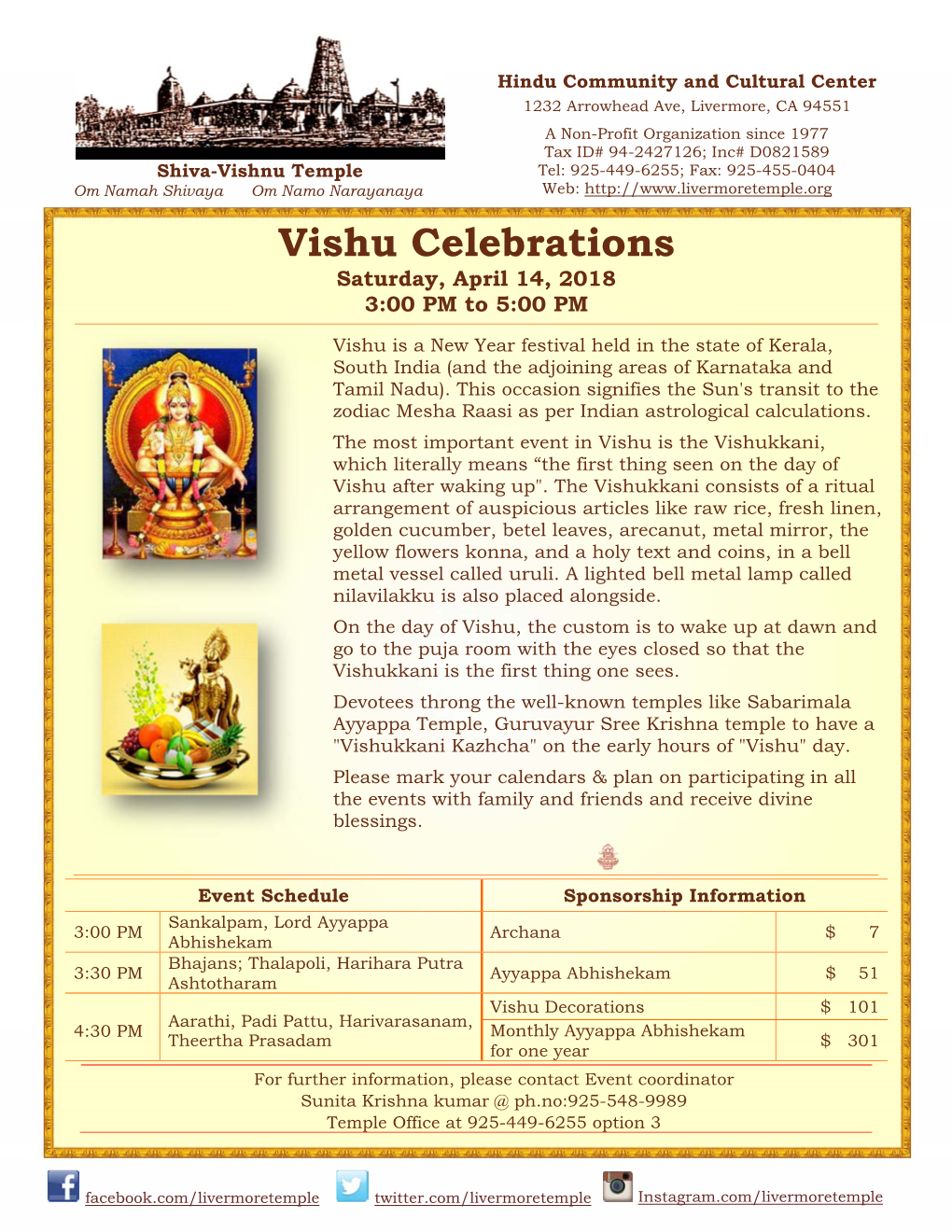 Vishu Celebrations Saturday, April 14, 2018 3:00 PM to 5:00 PM