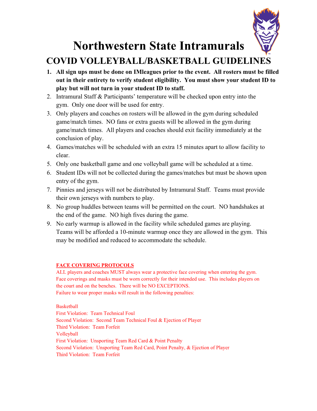 Northwestern State Intramurals COVID VOLLEYBALL/BASKETBALL GUIDELINES 1