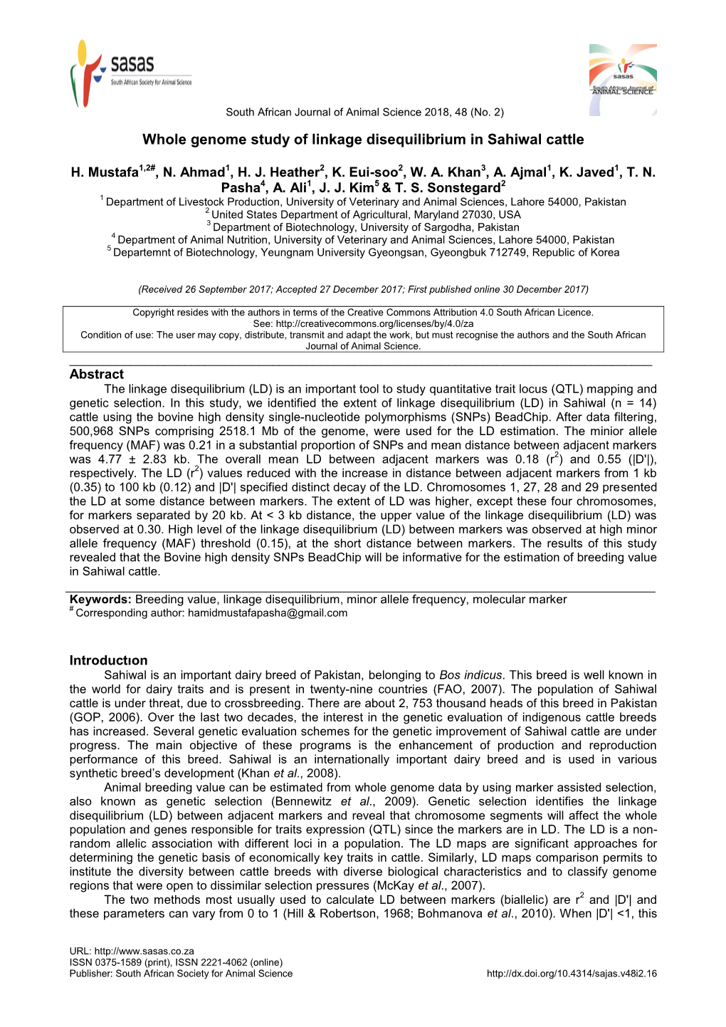 Whole Genome Study of Linkage Disequilibrium in Sahiwal Cattle