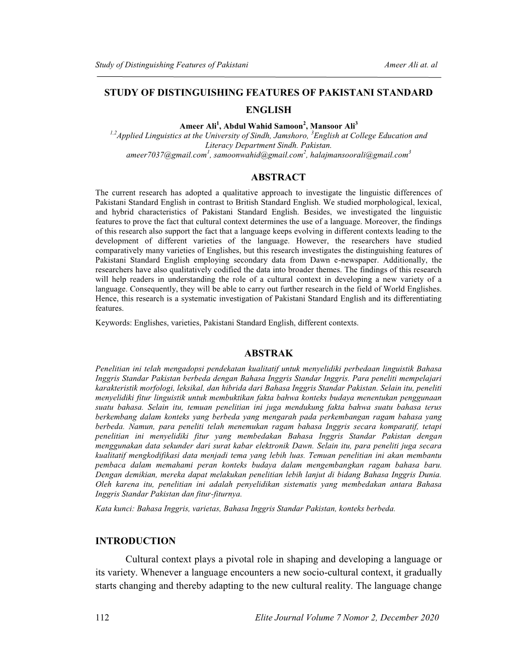 Study of Distinguishing Features of Pakistani Ameer Ali At