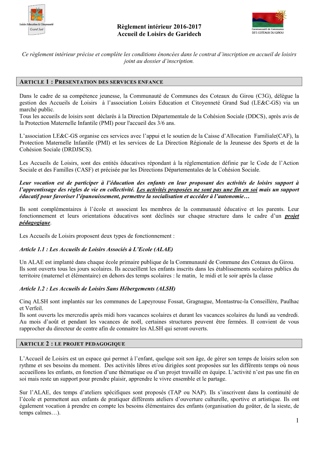 Règlement Intérieur 2016-2017 Accueil De Loisirs De Garidech 1