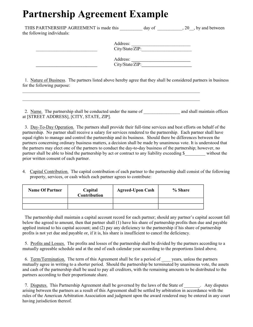 Partnership Agreement Example