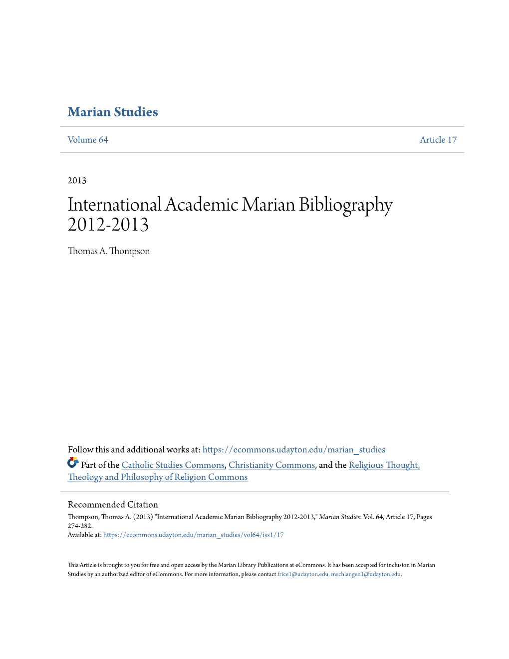 International Academic Marian Bibliography 2012-2013 Thomas A