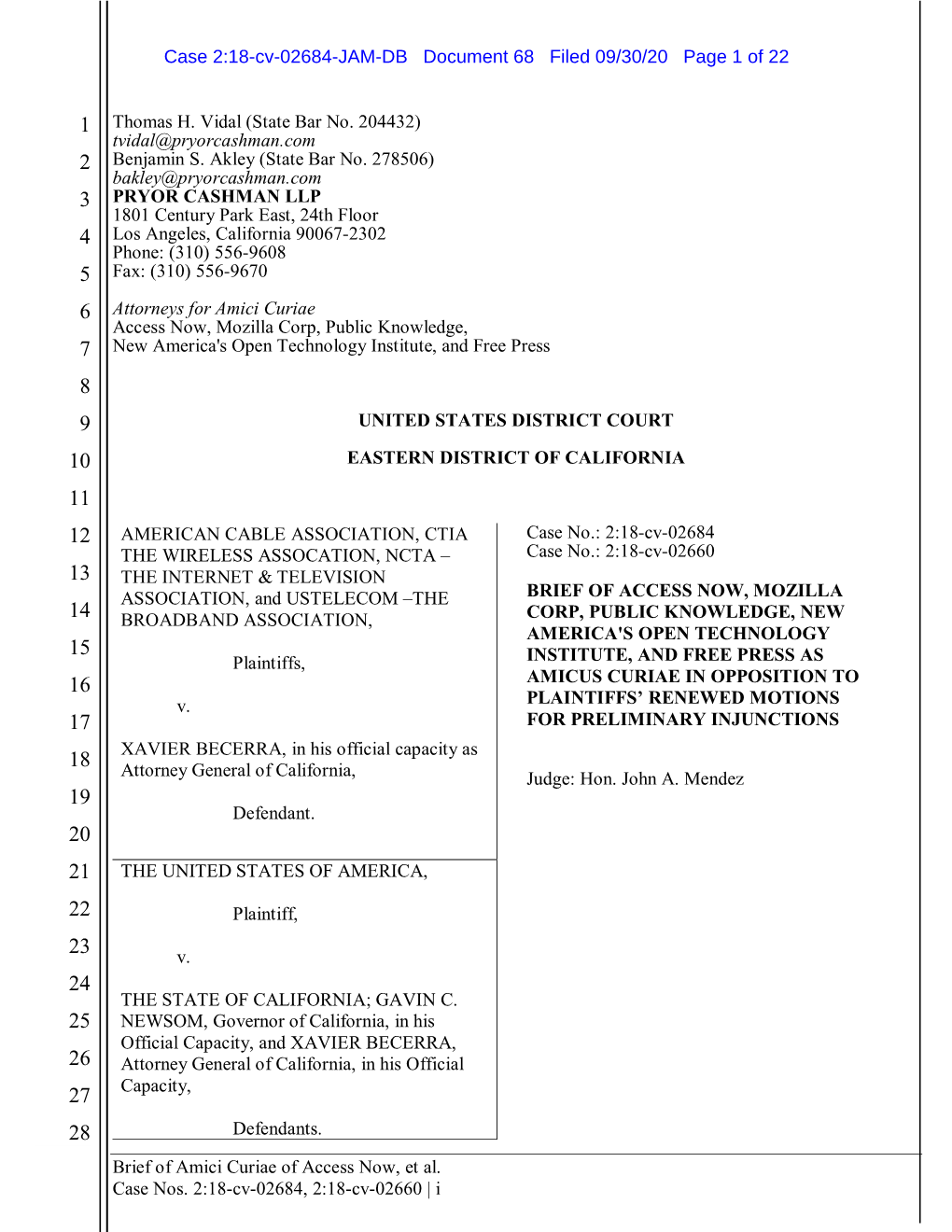 Brief of Amici Curiae of Access Now, Et Al. Case Nos. 2:18-Cv-02684, 2:18-Cv-02660 | I Case 2:18-Cv-02684-JAM-DB Document 68 Filed 09/30/20 Page 2 of 22