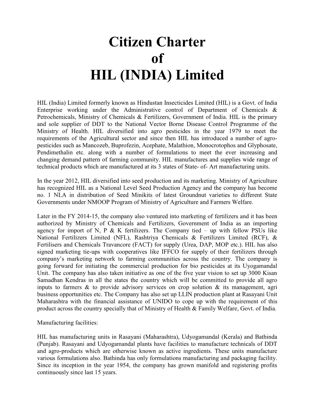 Citizen Charter of HIL (INDIA) Limited