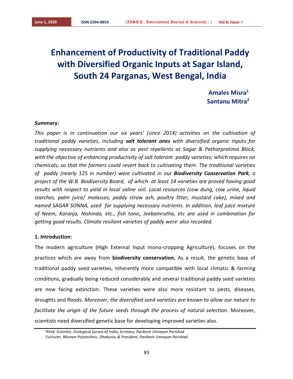 Enhancement of Productivity of Traditional Paddy with Diversified Organic Inputs at Sagar Island, South 24 Parganas, West Bengal, India