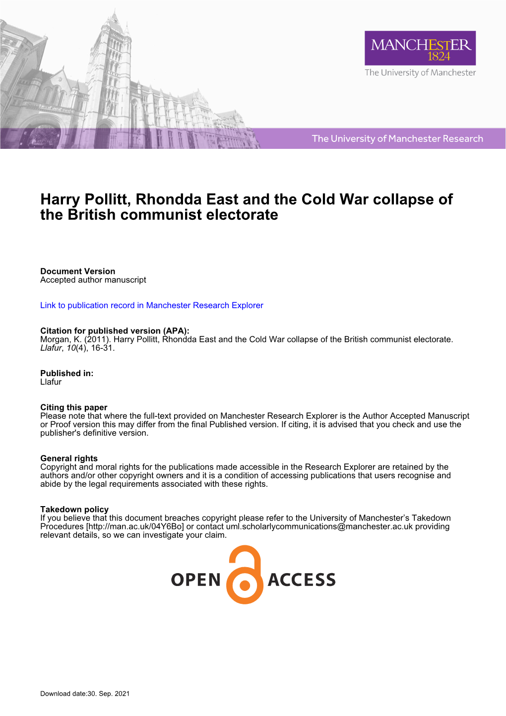 Harry Pollitt, Rhondda East and the Cold War Collapse of the British Communist Electorate