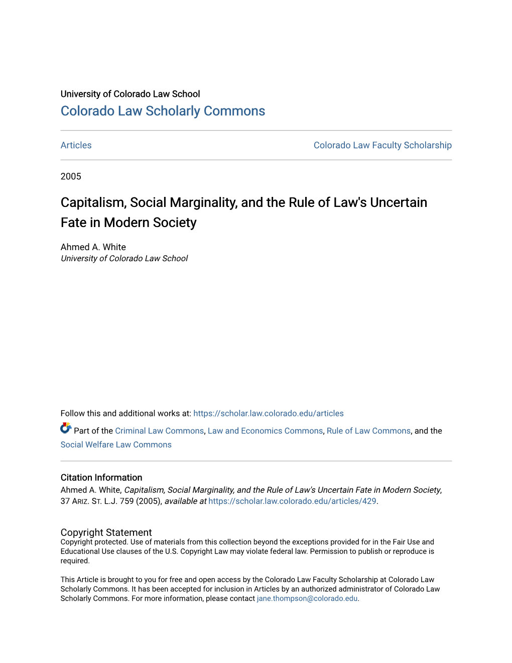 Capitalism, Social Marginality, and the Rule of Law's Uncertain Fate in Modern Society