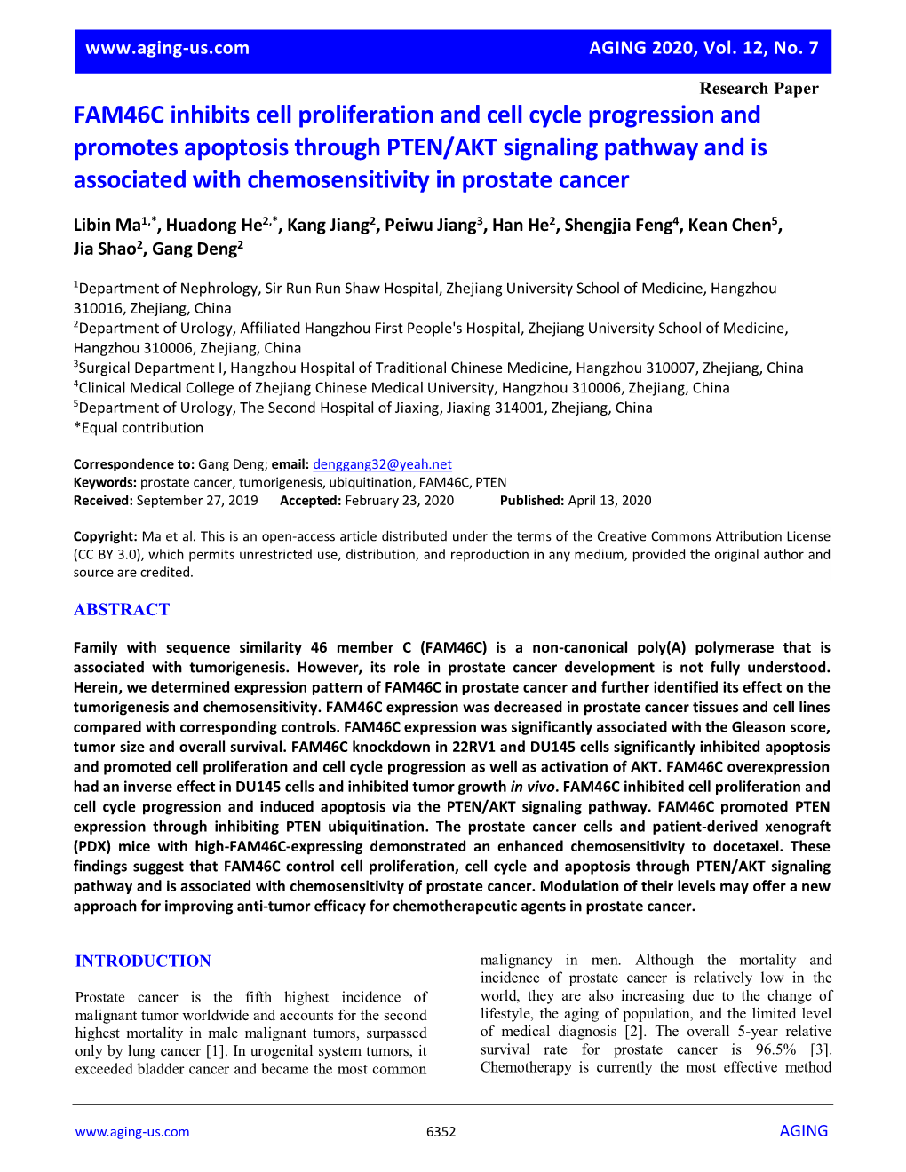 FAM46C Inhibits Cell Proliferation and Cell Cycle Progression And