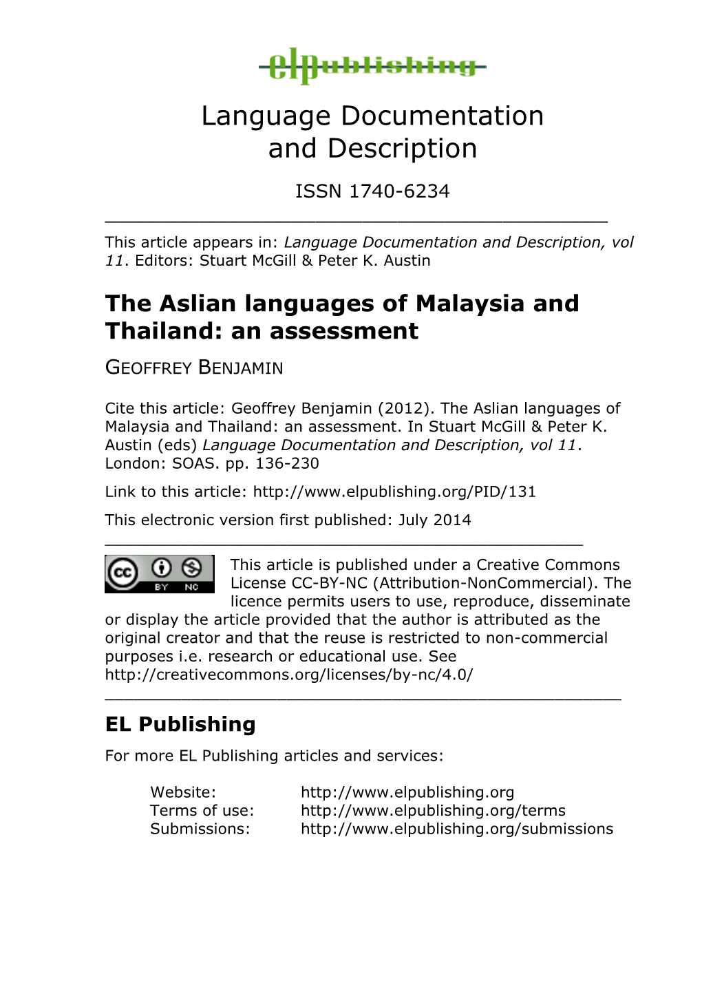 The Aslian Languages of Malaysia and Thailand: an Assessment