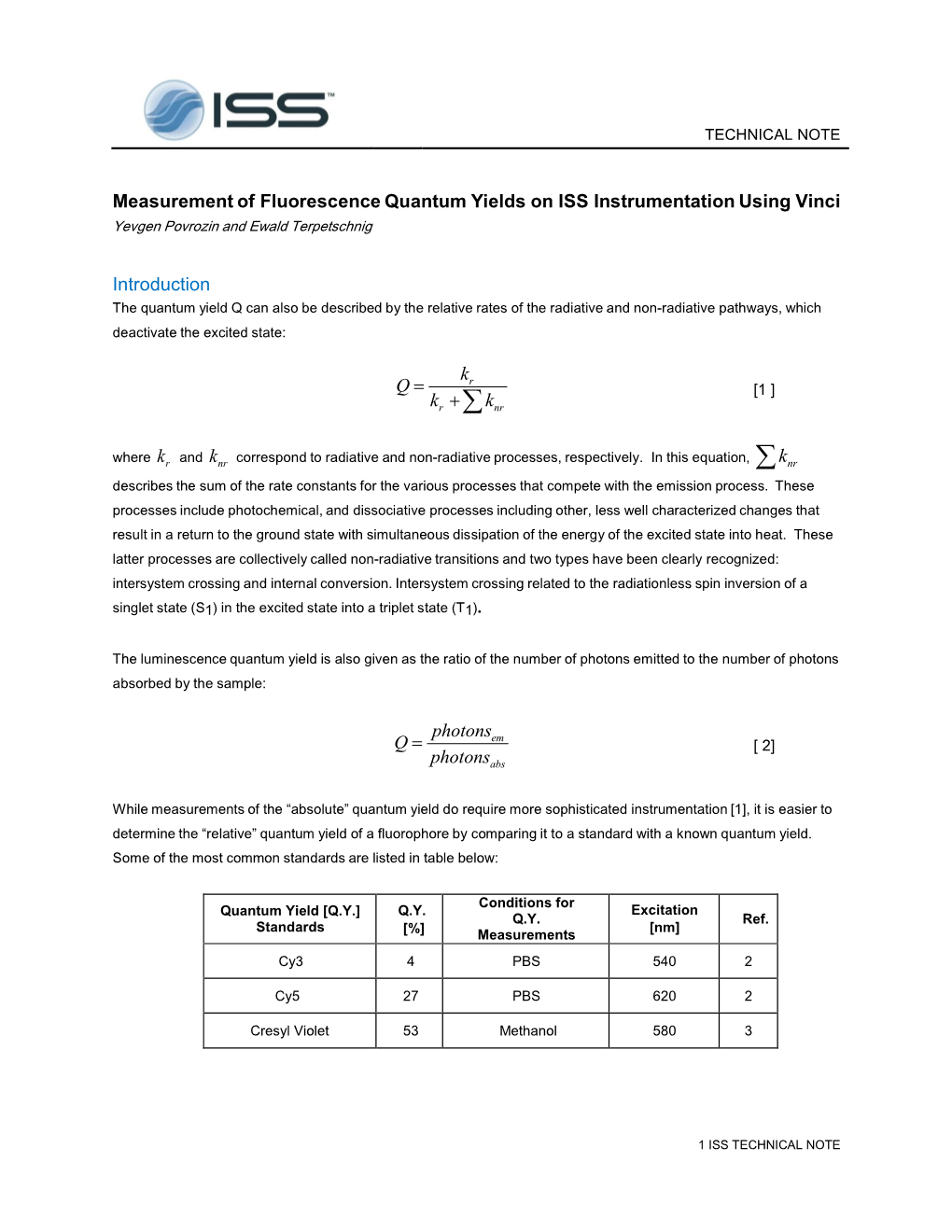 Measurement of Fluorescence Quantum Yields on ISS Instrumentation Using Vinci Yevgen Povrozin and Ewald Terpetschnig