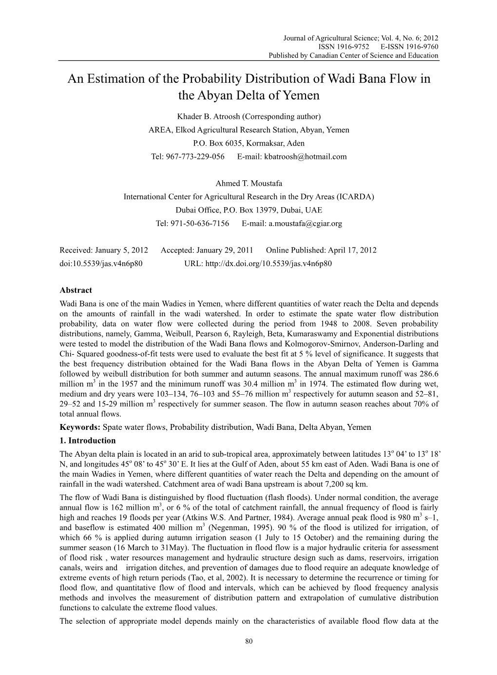 An Estimation of the Probability Distribution of Wadi Bana Flow in the Abyan Delta of Yemen