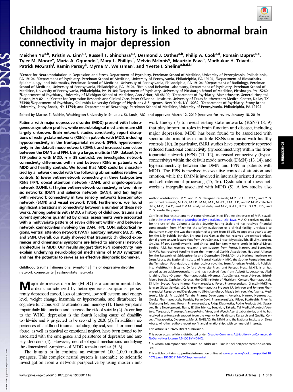 Childhood Trauma History Is Linked to Abnormal Brain Connectivity in Major Depression