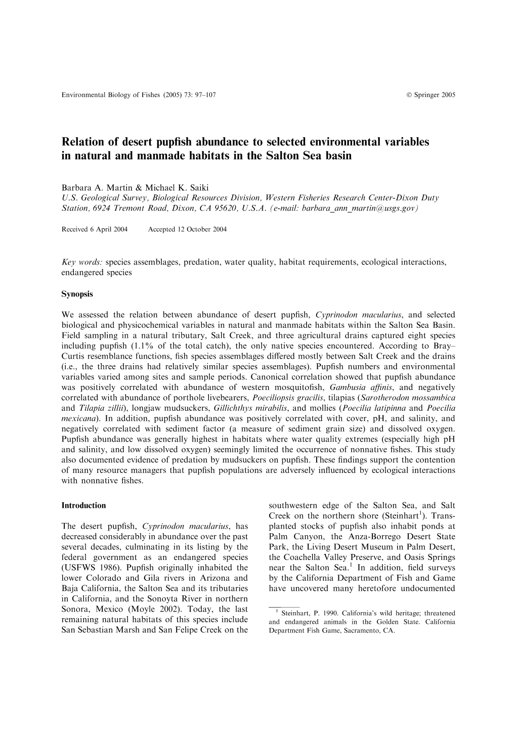 Relation of Desert Pupfish Abundance to Selected Environmental Variables