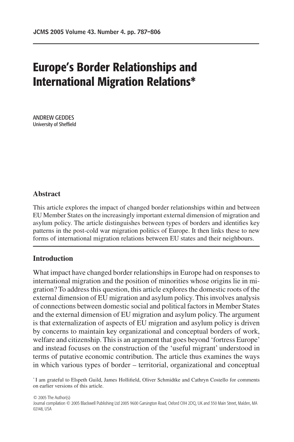 Europe's Border Relationships and International Migration Relations*