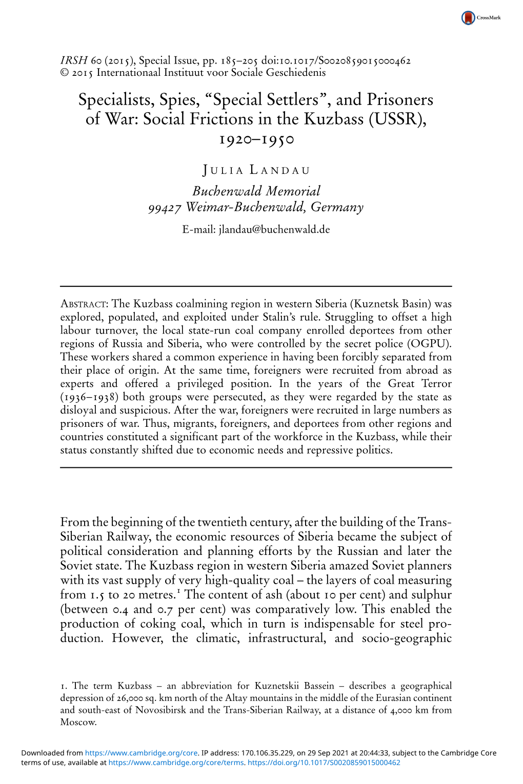 Specialists, Spies, “Special Settlers”, and Prisoners of War: Social Frictions in the Kuzbass (USSR), 1920–1950