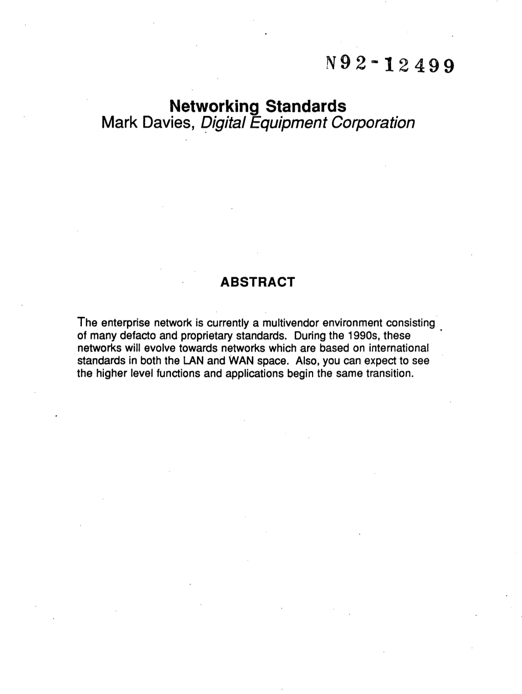 Networking Standards Mark Davies, Digital Equipment Corporation