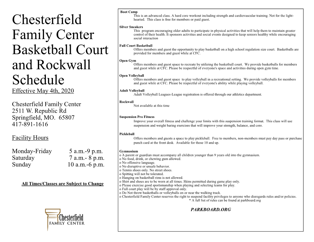 Chesterfield Family Center Basketball Court and Rockwall Schedule