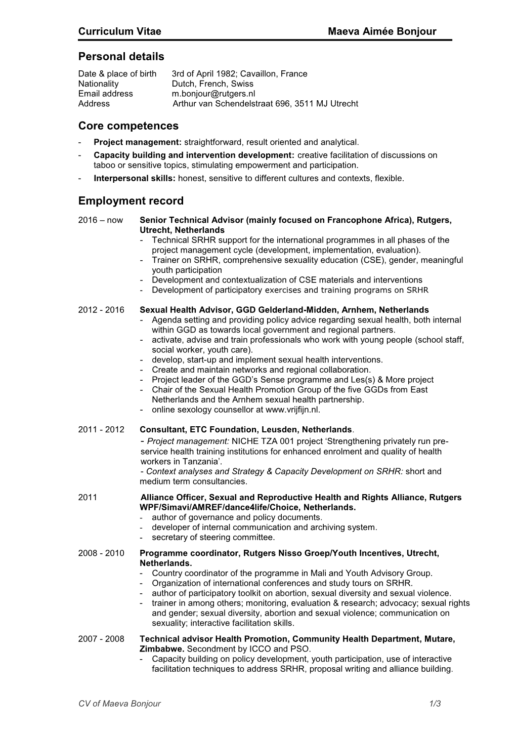 Curriculum Vitae Maeva Aimée Bonjour