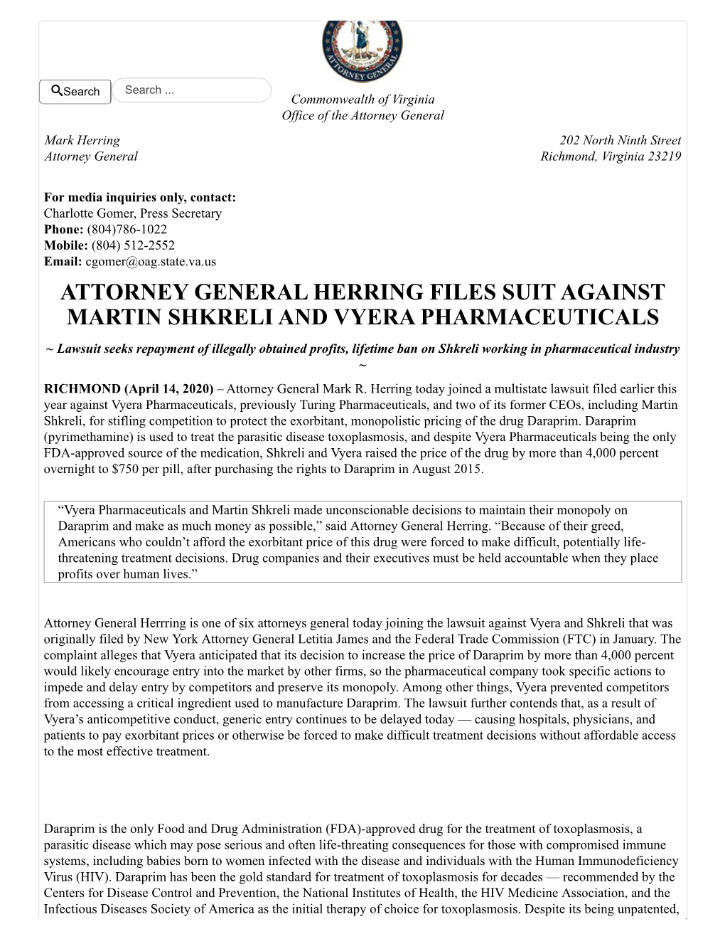 Attorney General Herring Files Suit Against Martin