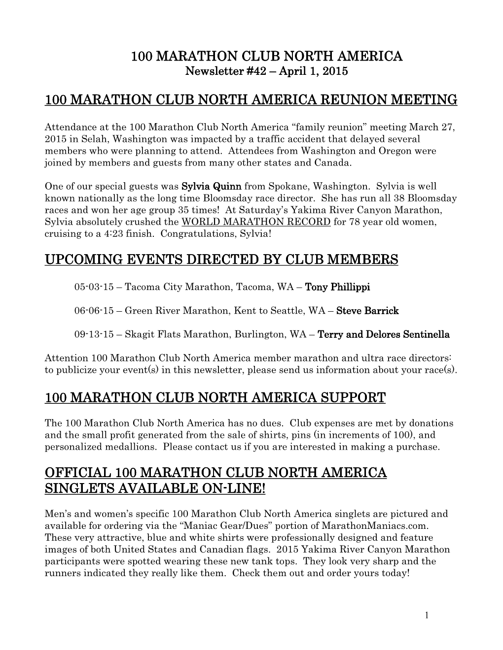 100 Marathon Club North America Newsletter #42 04-01-15