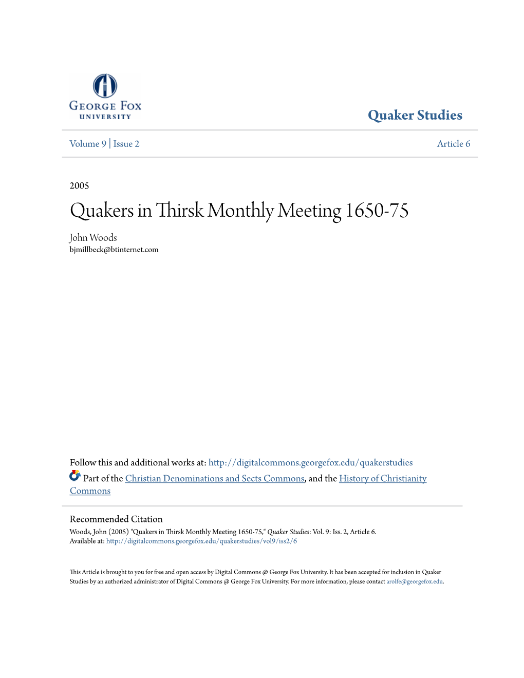 Quakers in Thirsk Monthly Meeting 1650-75,