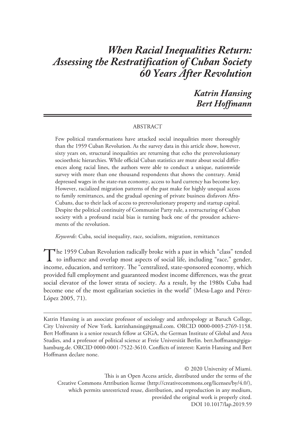 When Racial Inequalities Return: Assessing the Restratification of Cuban Society 60 Years After Revolution