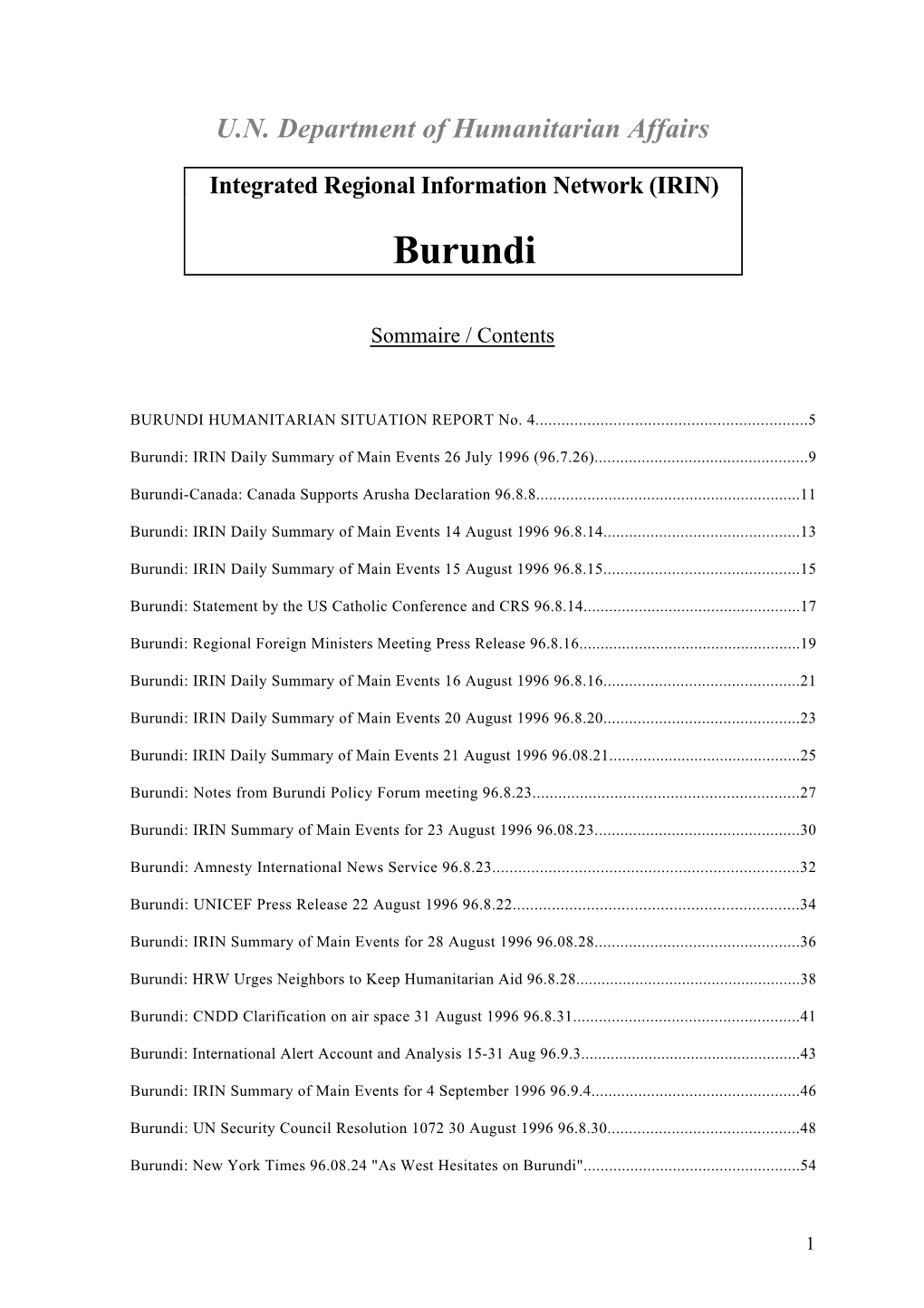 Integrated Regional Information Network (IRIN): Burundi