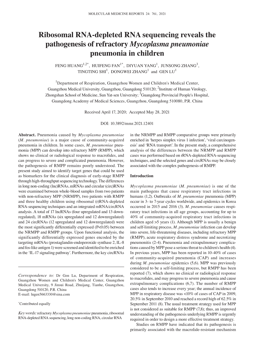 Ribosomal RNA‑Depleted RNA Sequencing Reveals the Pathogenesis of Refractory Mycoplasma Pneumoniae Pneumonia in Children