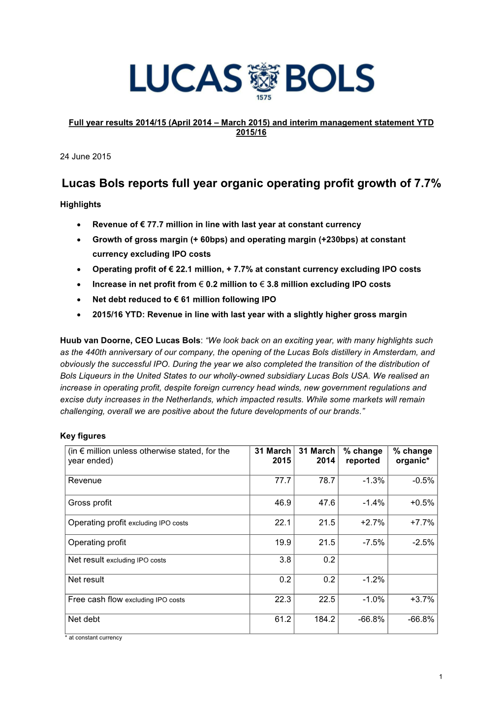 Lucas Bols Reports Full Year Organic Operating Profit Growth of 7.7%
