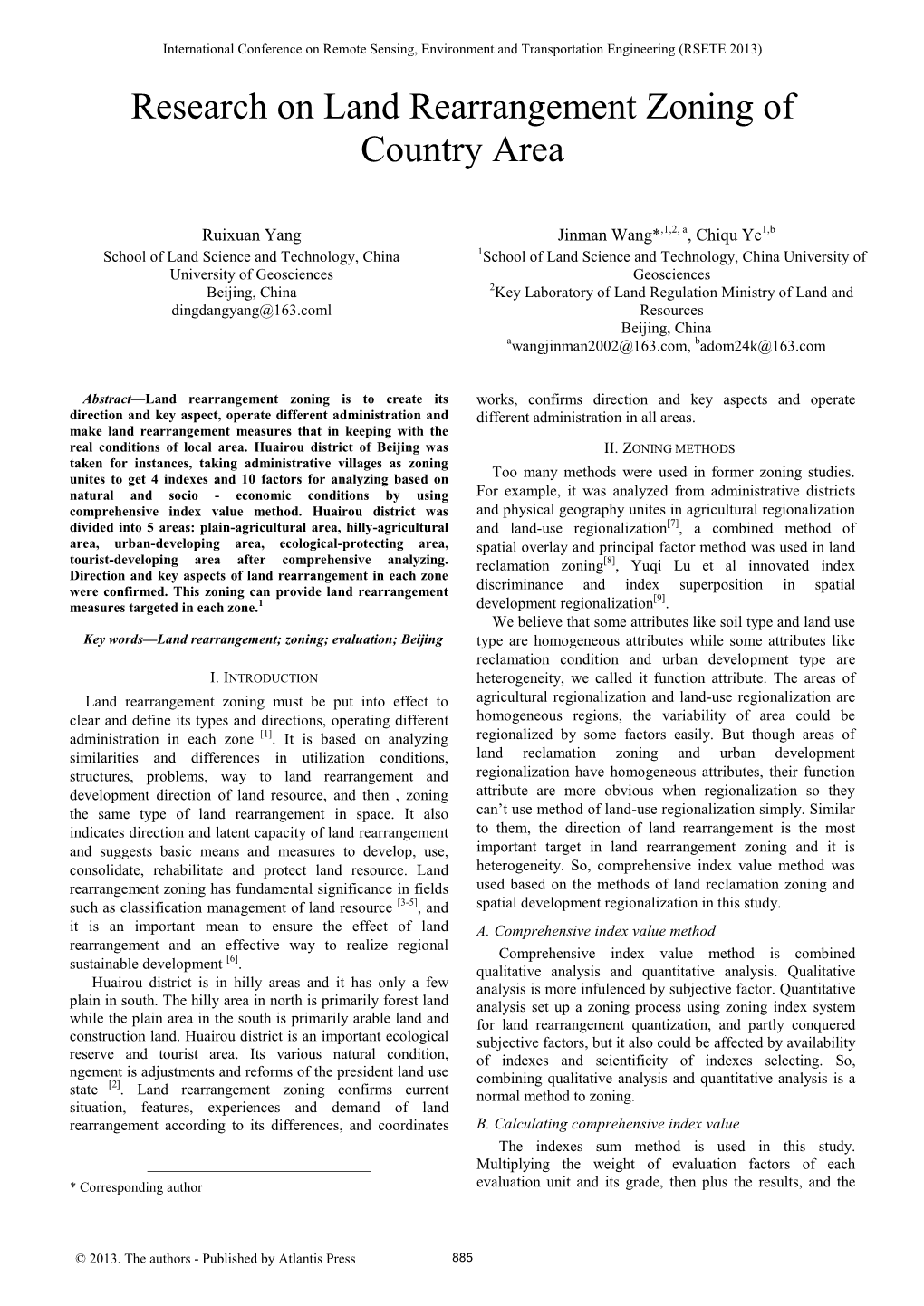 Research on Land Rearrangement Zoning of Country Area