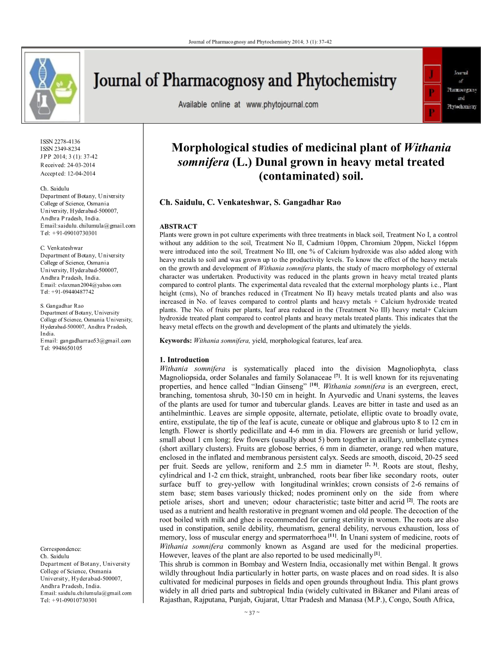 Morphological Studies of Medicinal Plant of Withania Somnifera (L.) Dunal Grown in Heavy Metal Treated (Contaminated) Soil