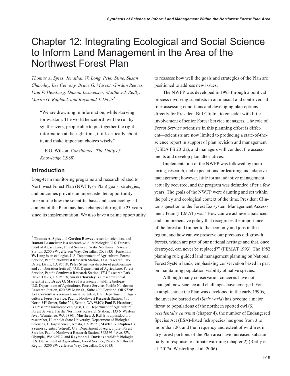 Chapter 12: Integrating Ecological and Social Science to Inform Land Management in the Area of the Northwest Forest Plan