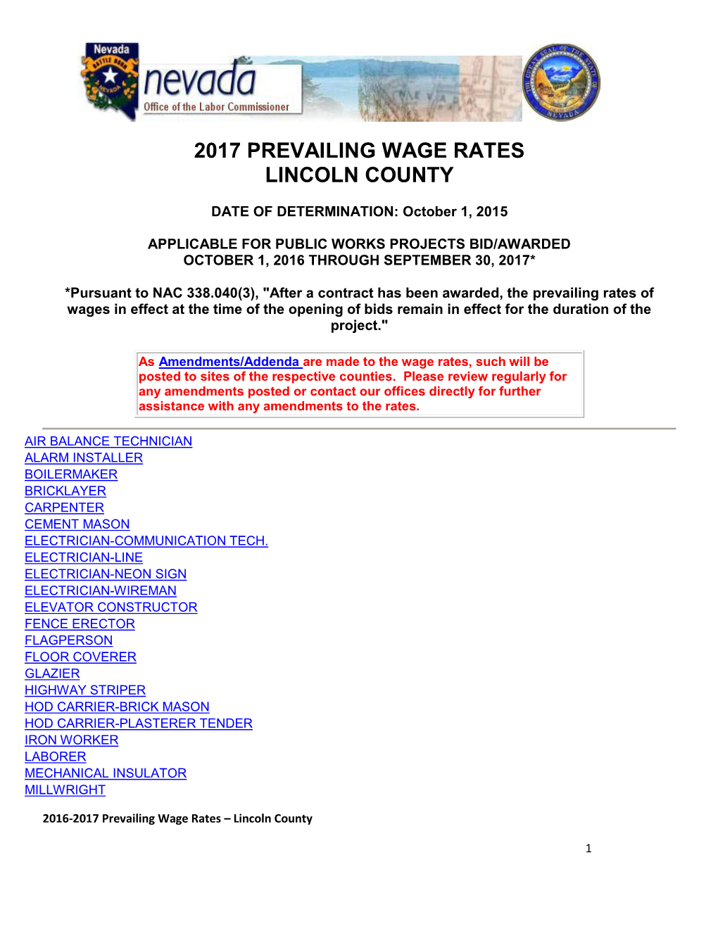 2017 Prevailing Wage Rates Lincoln County