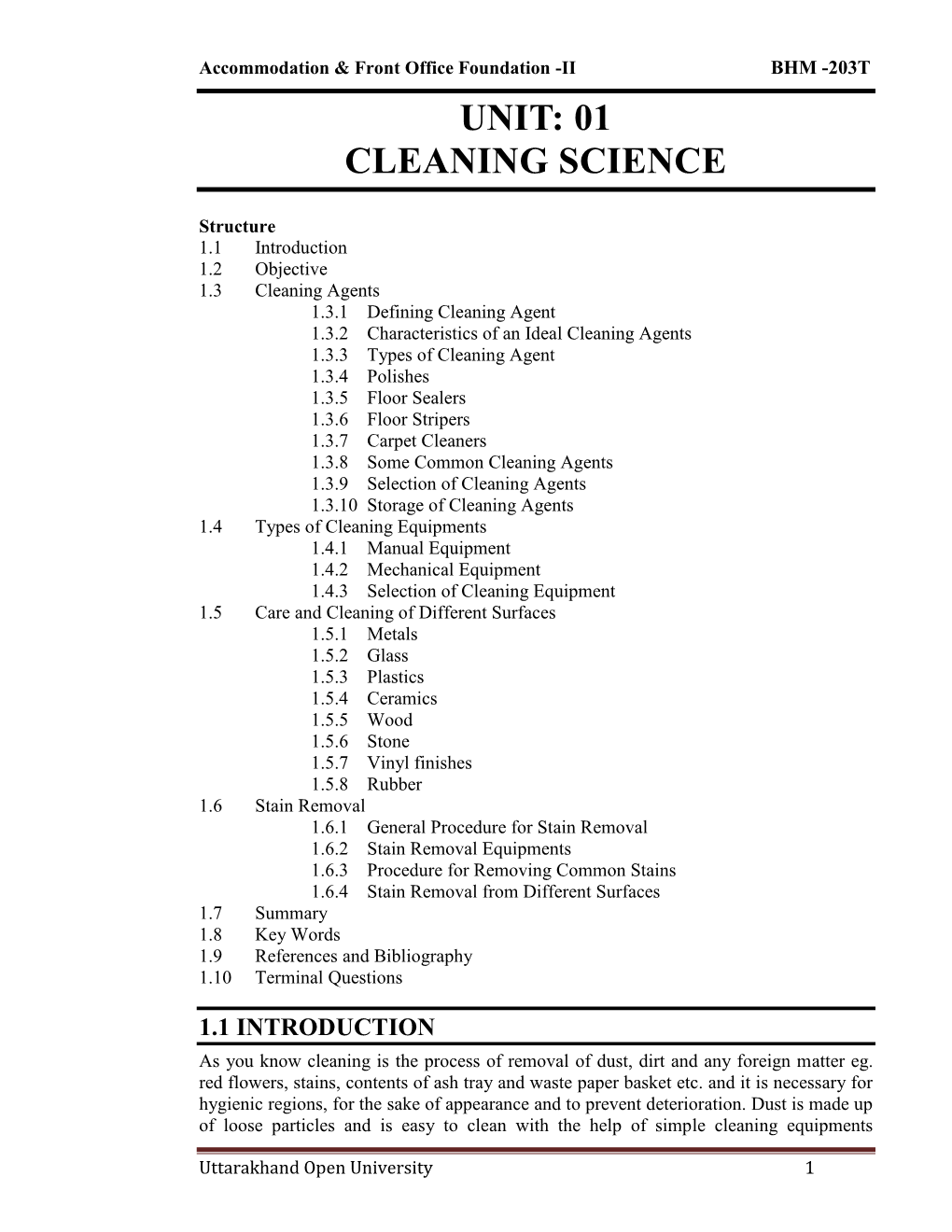 Unit: 01 Cleaning Science