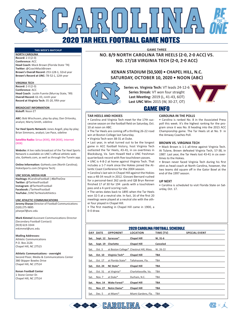 2020 Tar Heel Football Game Notes