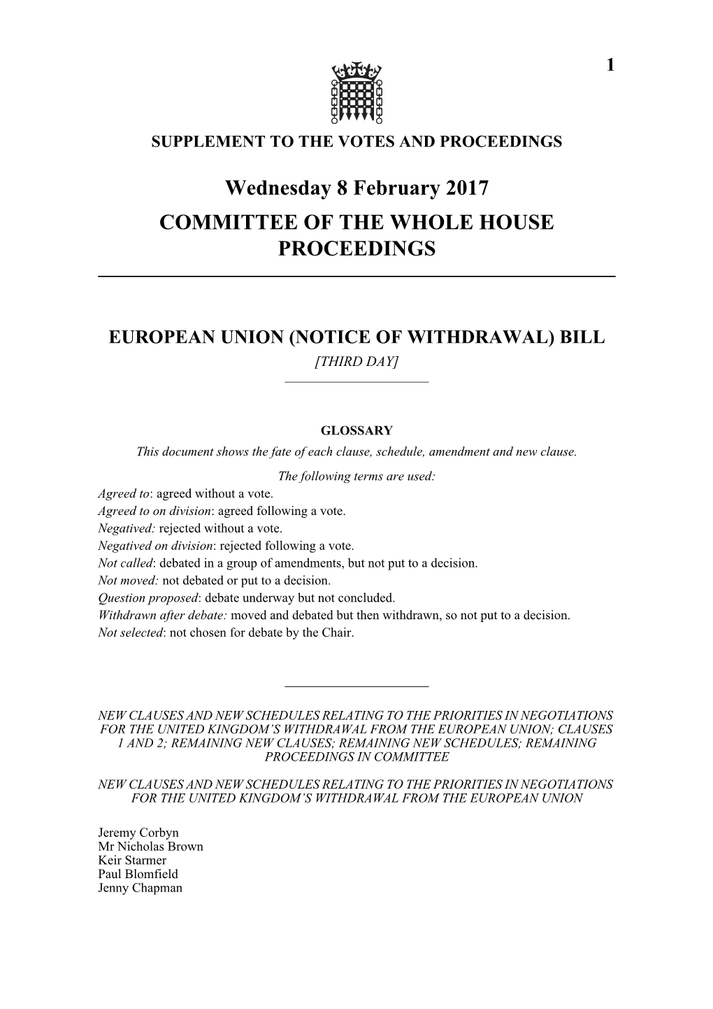 Wednesday 8 February 2017 COMMITTEE of the WHOLE HOUSE PROCEEDINGS