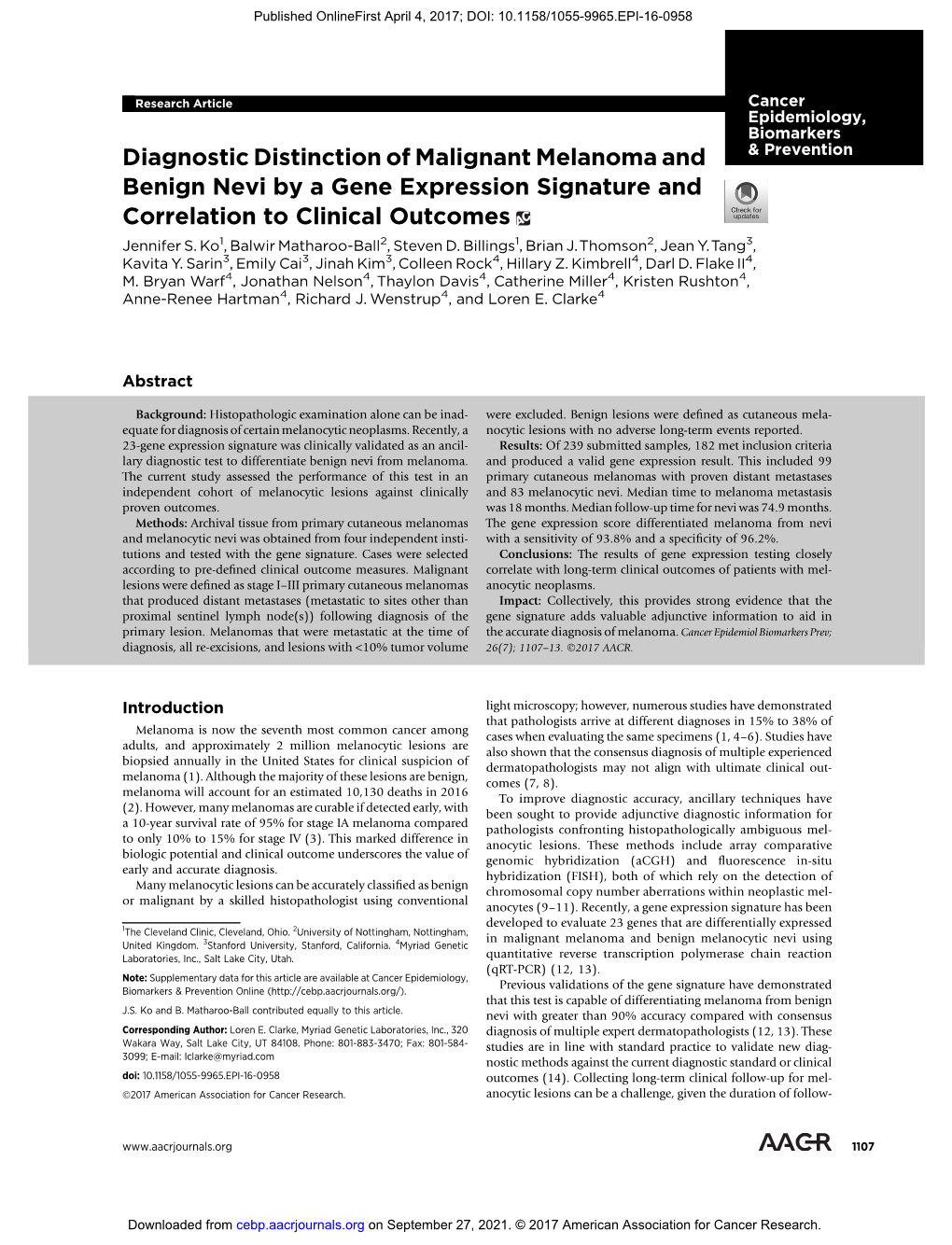 Diagnostic Distinction of Malignant Melanoma and Benign Nevi by a Gene Expression Signature and Correlation to Clinical Outcomes