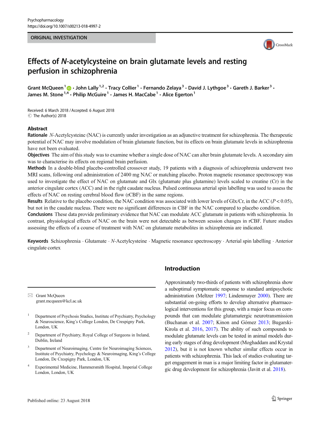Effects of N-Acetylcysteine on Brain Glutamate Levels and Resting Perfusion in Schizophrenia