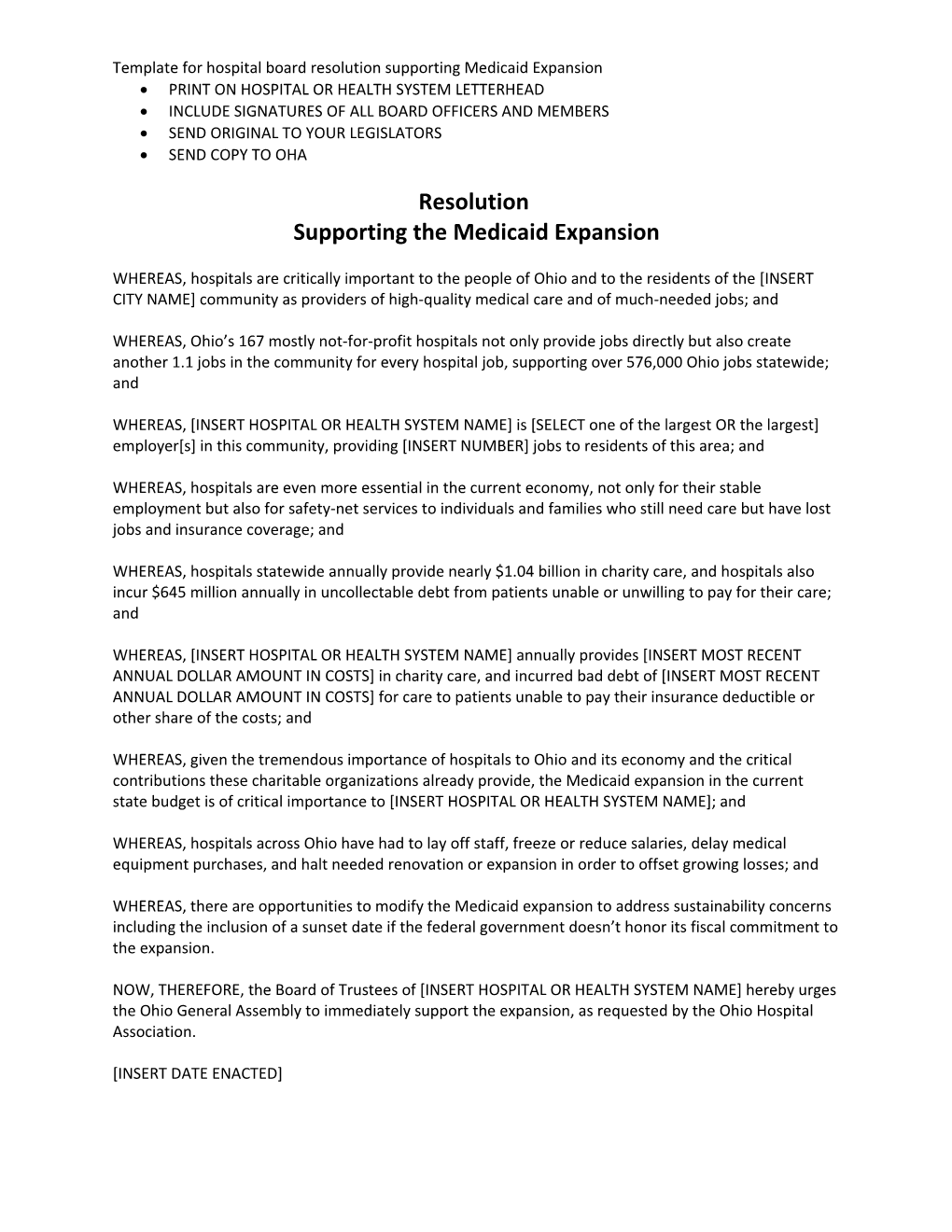 Template for Hospital Board Resolution Supporting Medicaid Expansion